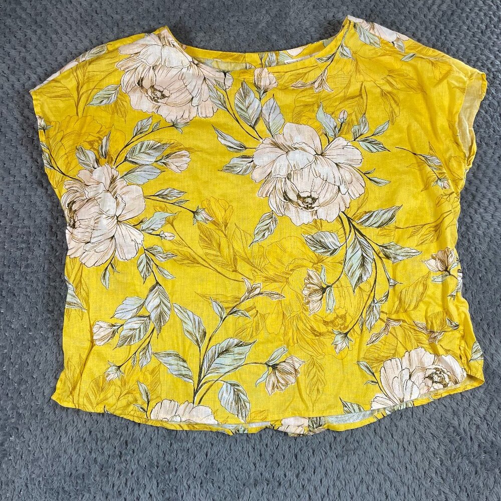 Nicole Miller Floral Top Linen Small Short‎ Sleeve Boxy Lagenlook Cottagecore